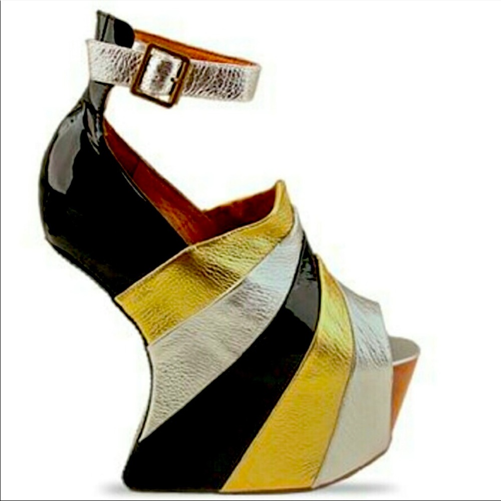 Jeffrey Campbell rockstar metallic platform heel gold silver black wood backless
